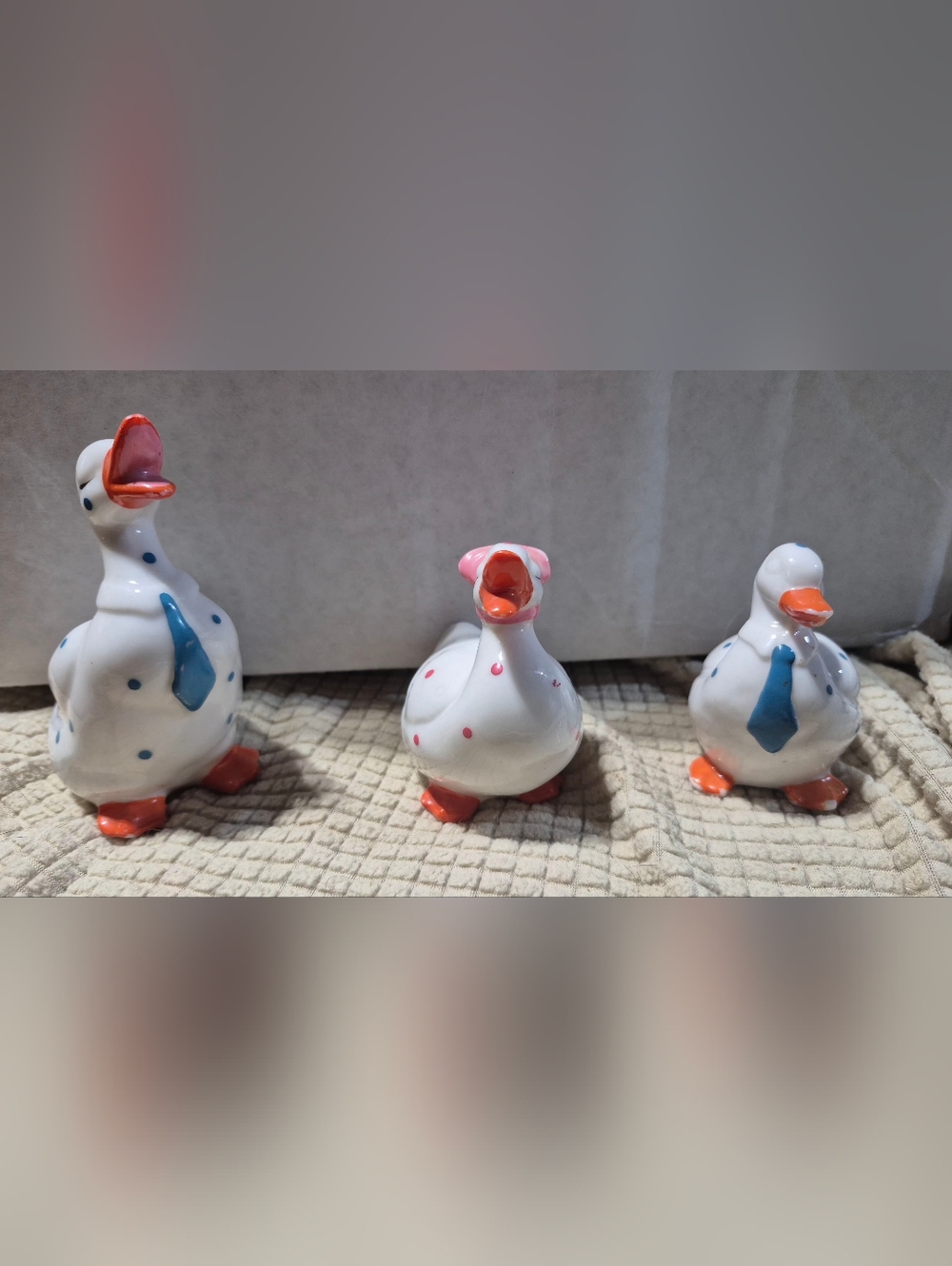 Set of 3 Ceramic Duck Figurines with Polka Dots and Ties vintage